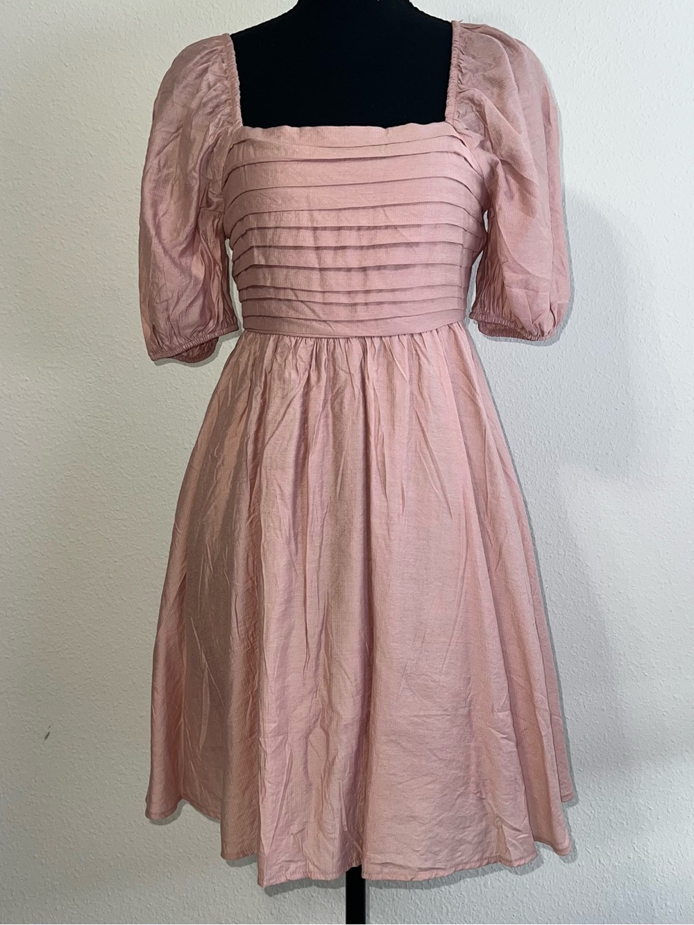 Blu Pepper Dusty Rose Pintuck Square Neck Puff Sleeve Mini Dress Sz Small